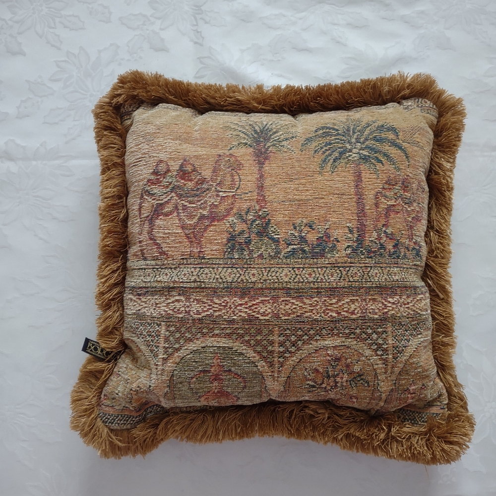 Decorative Camel & Palm Tapestry Accent Pillow in Golden Brown